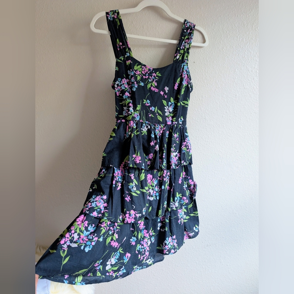 Black Xhilaration Ruffled Skater Dress with Bold Blue and Pink Floral Print - S